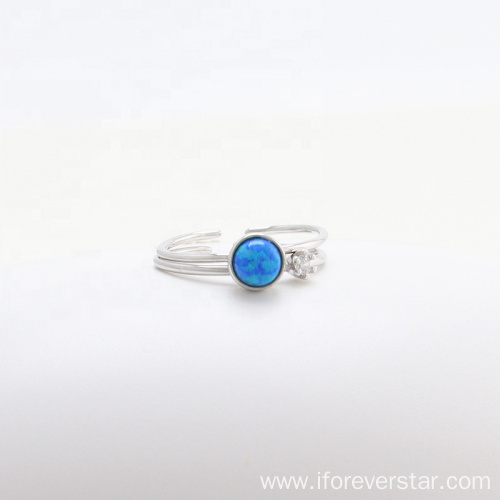 Round Blue Opal 925 Silver White CZ Rings